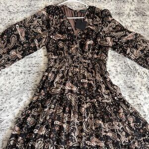 Boutique Dress Black and Brown Paisley Long Sleeve Dress